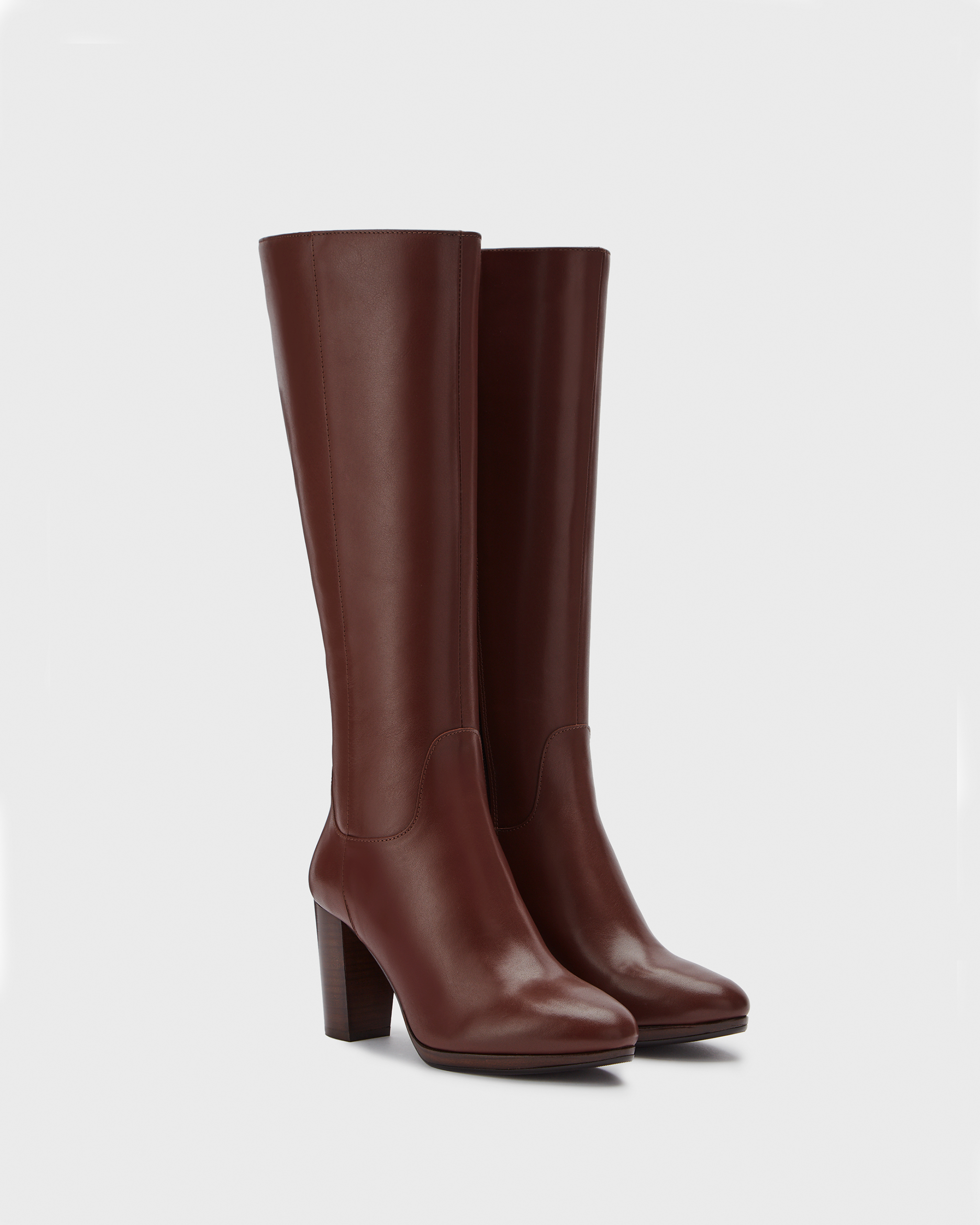 knee high brown leather heeled boots