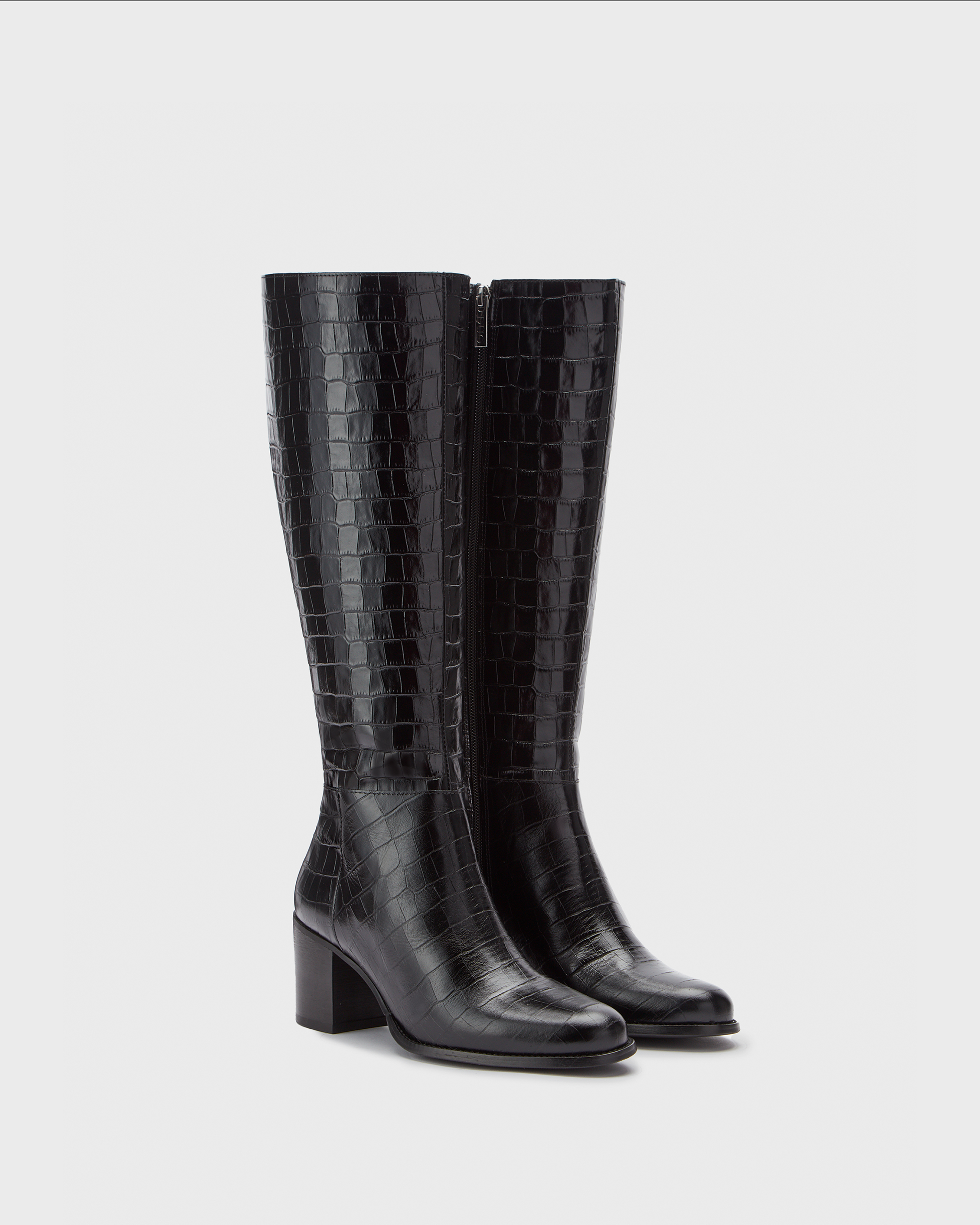 knee high black croc print heeled boots