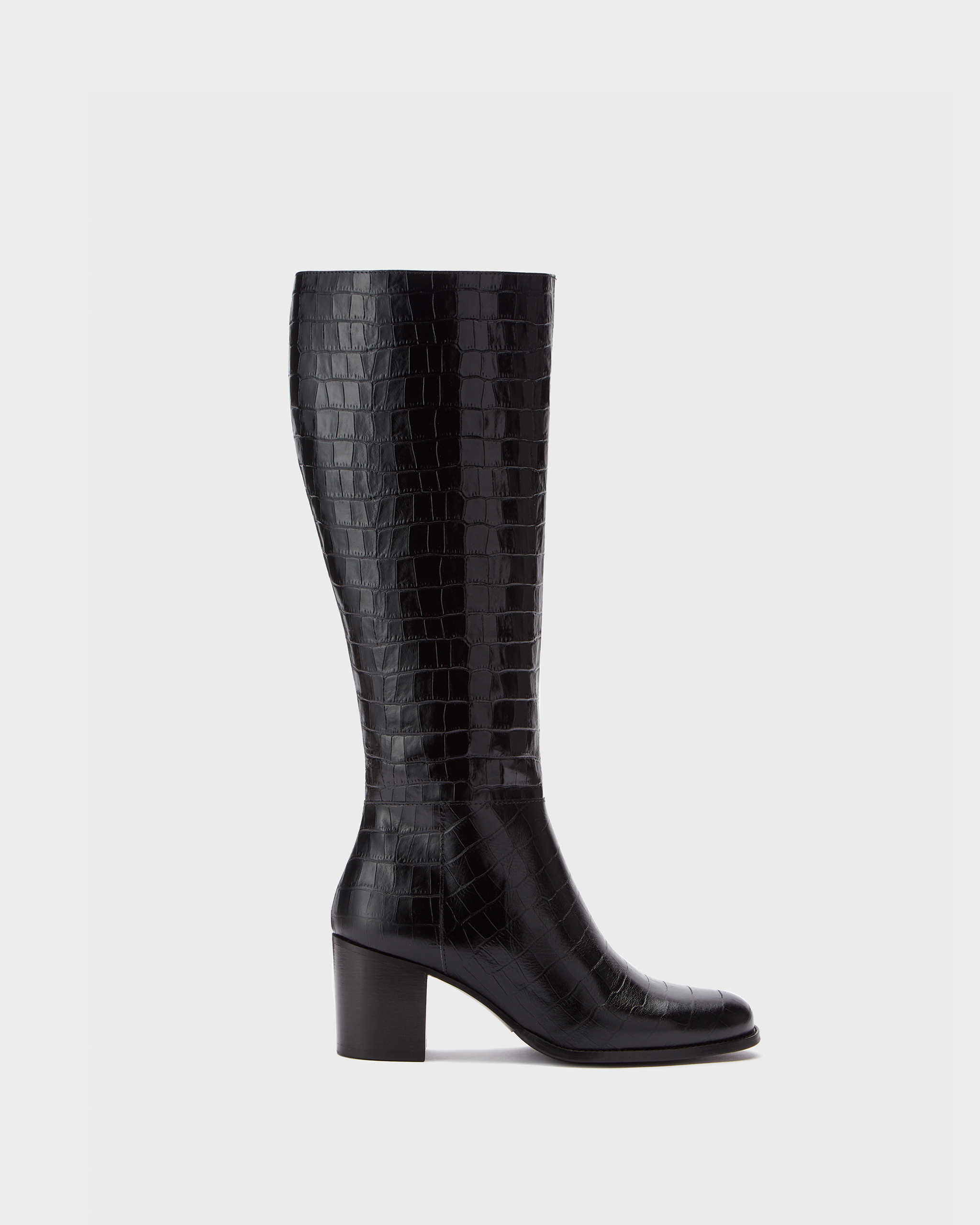 knee high black croc print heeled boots