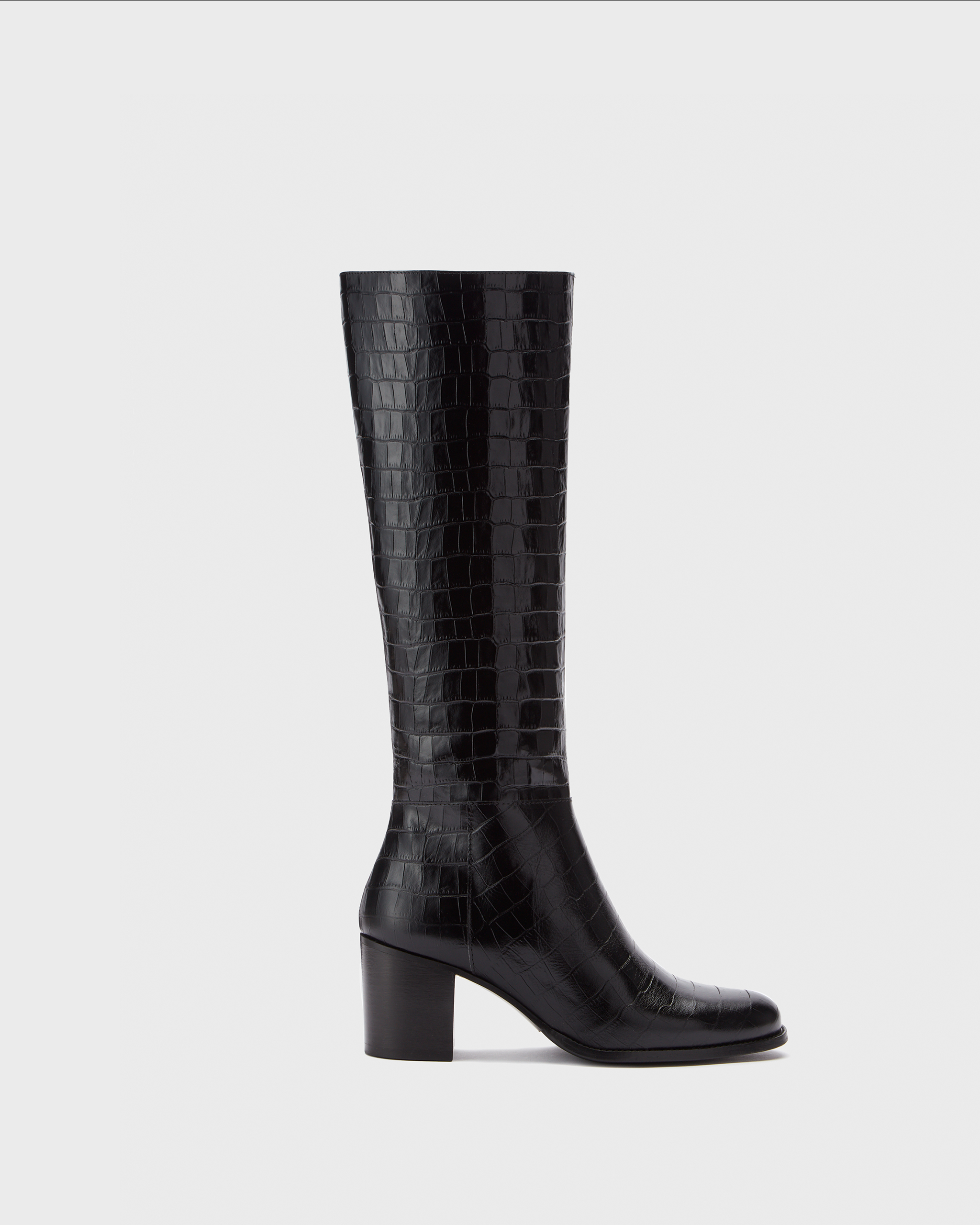 knee high black croc print heeled boots