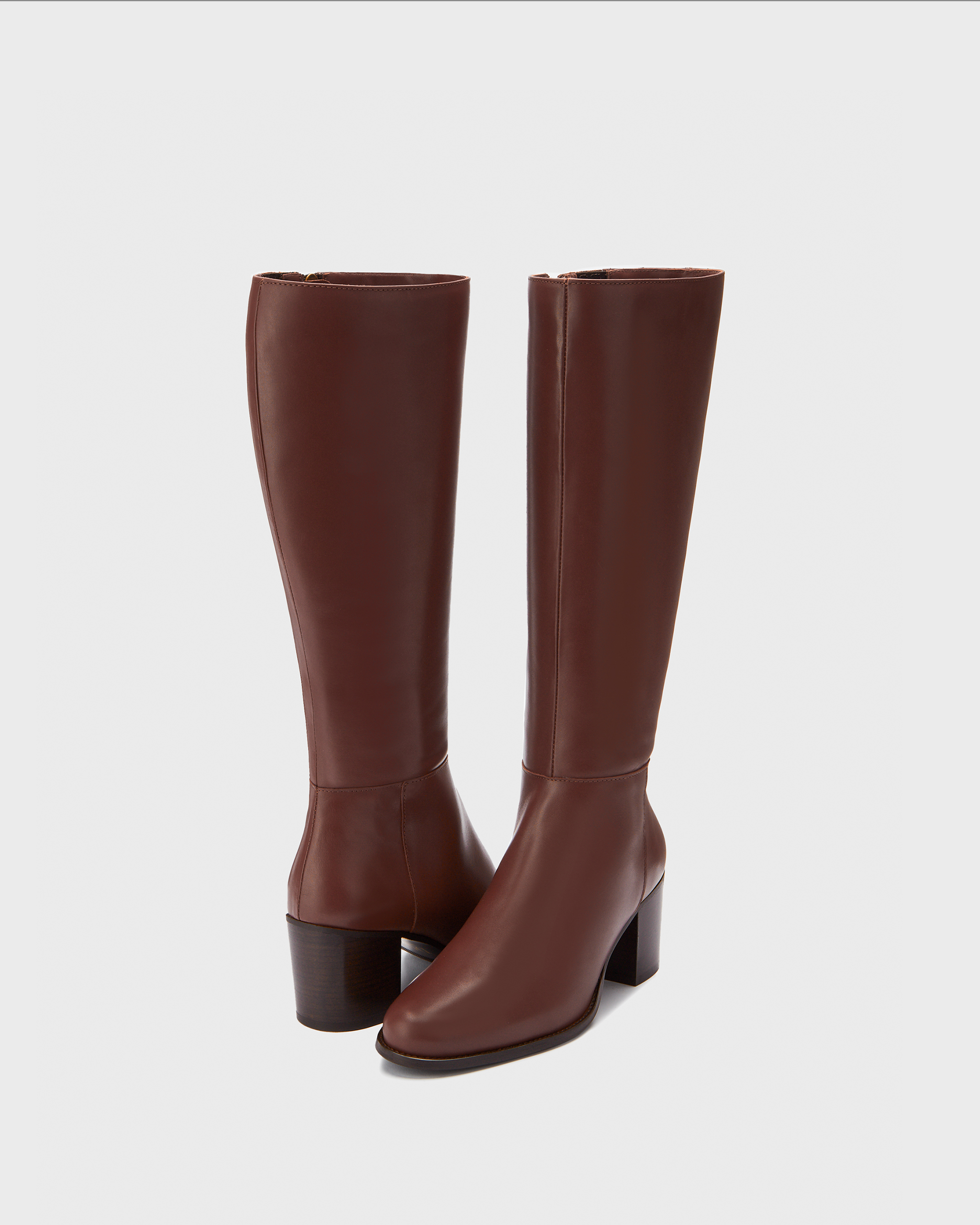 knee high brown leather heeled boots