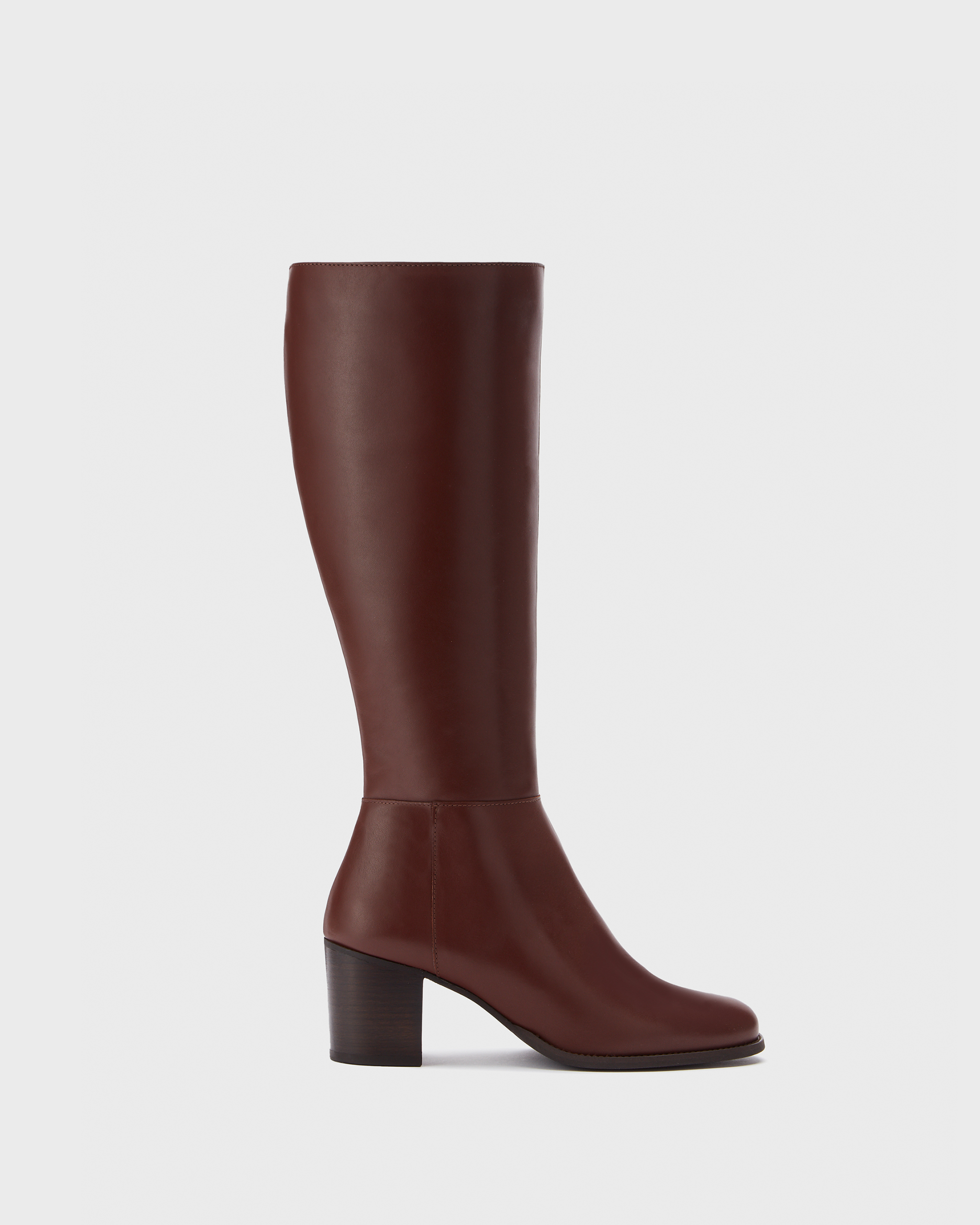 knee high brown leather heeled boots