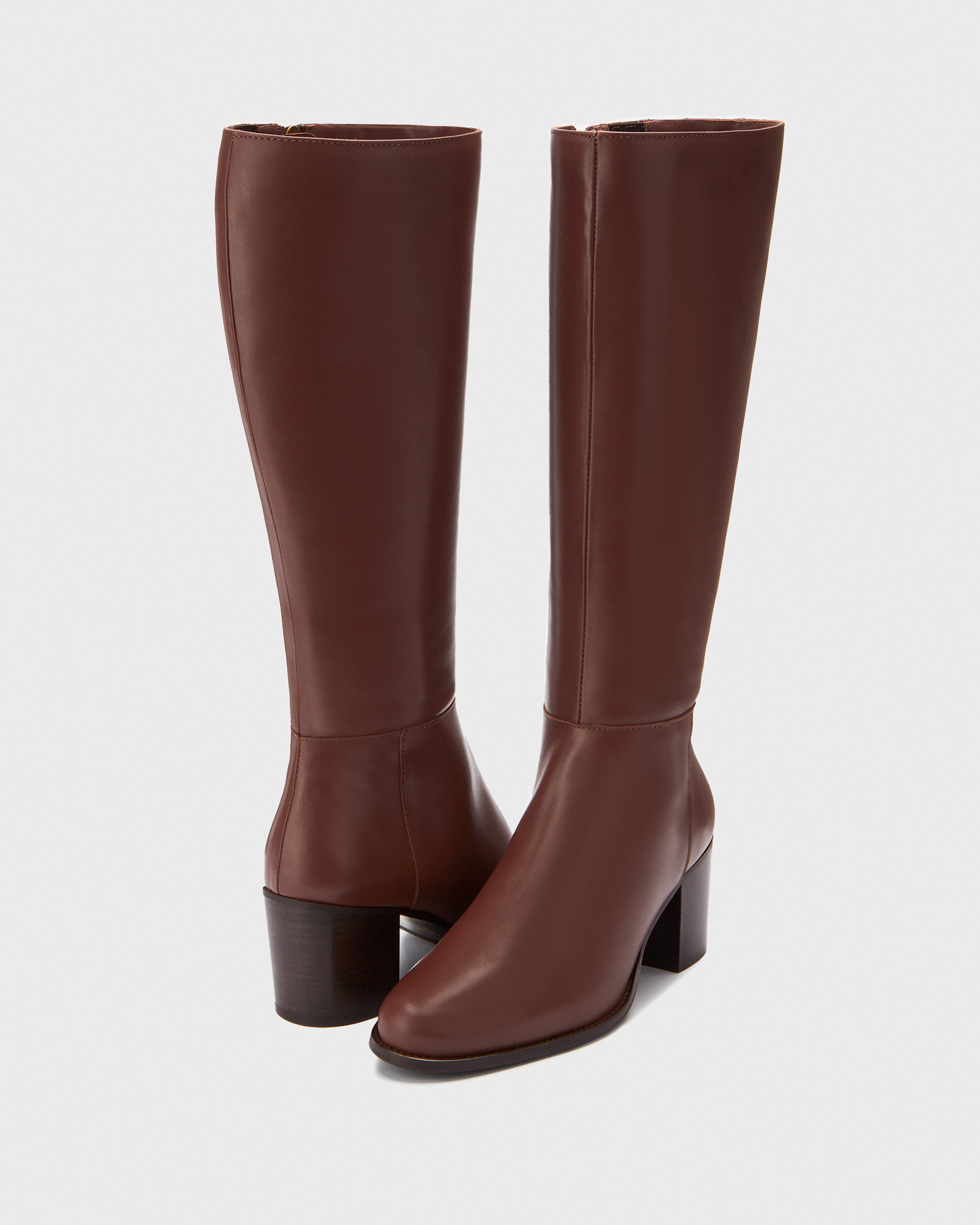 knee high brown leather heeled boots