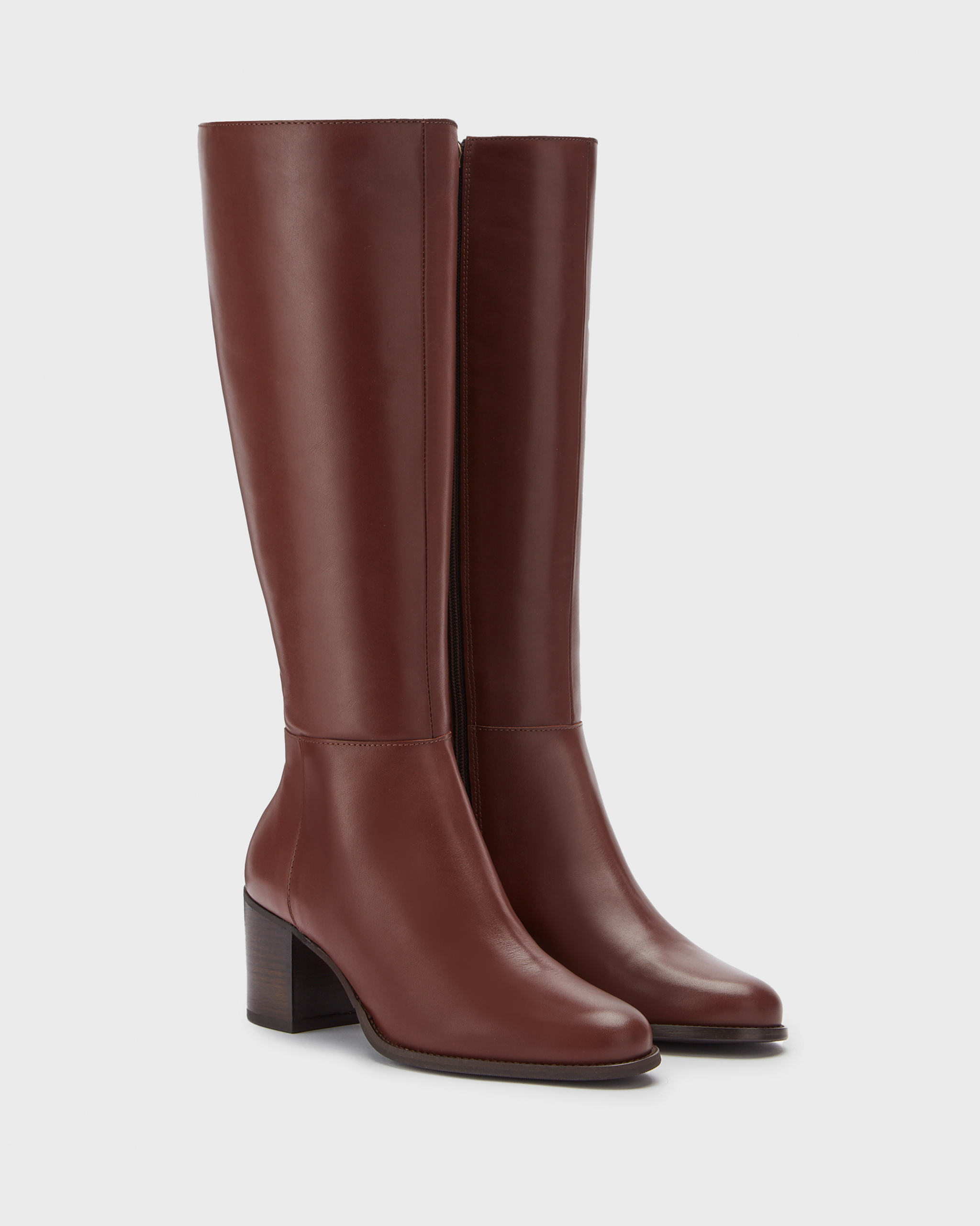 knee high brown leather heeled boots for women