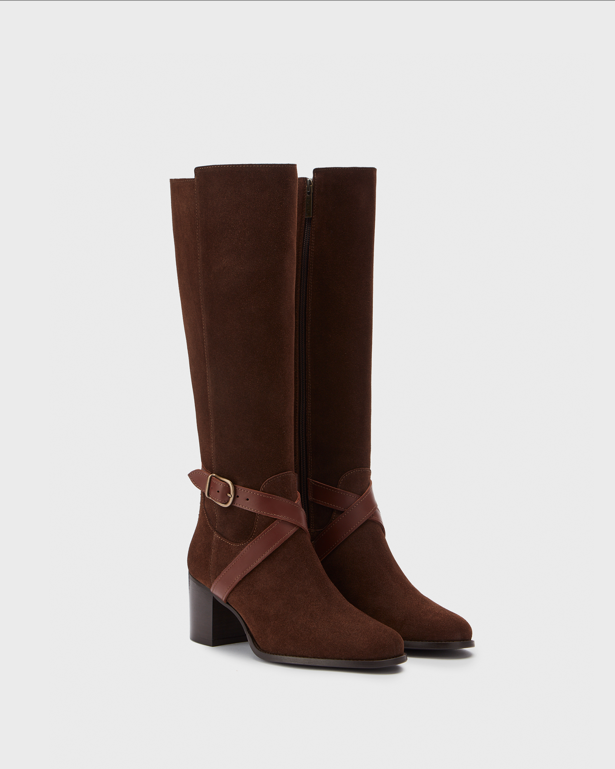 knee high brown suede heeled boots with buckle