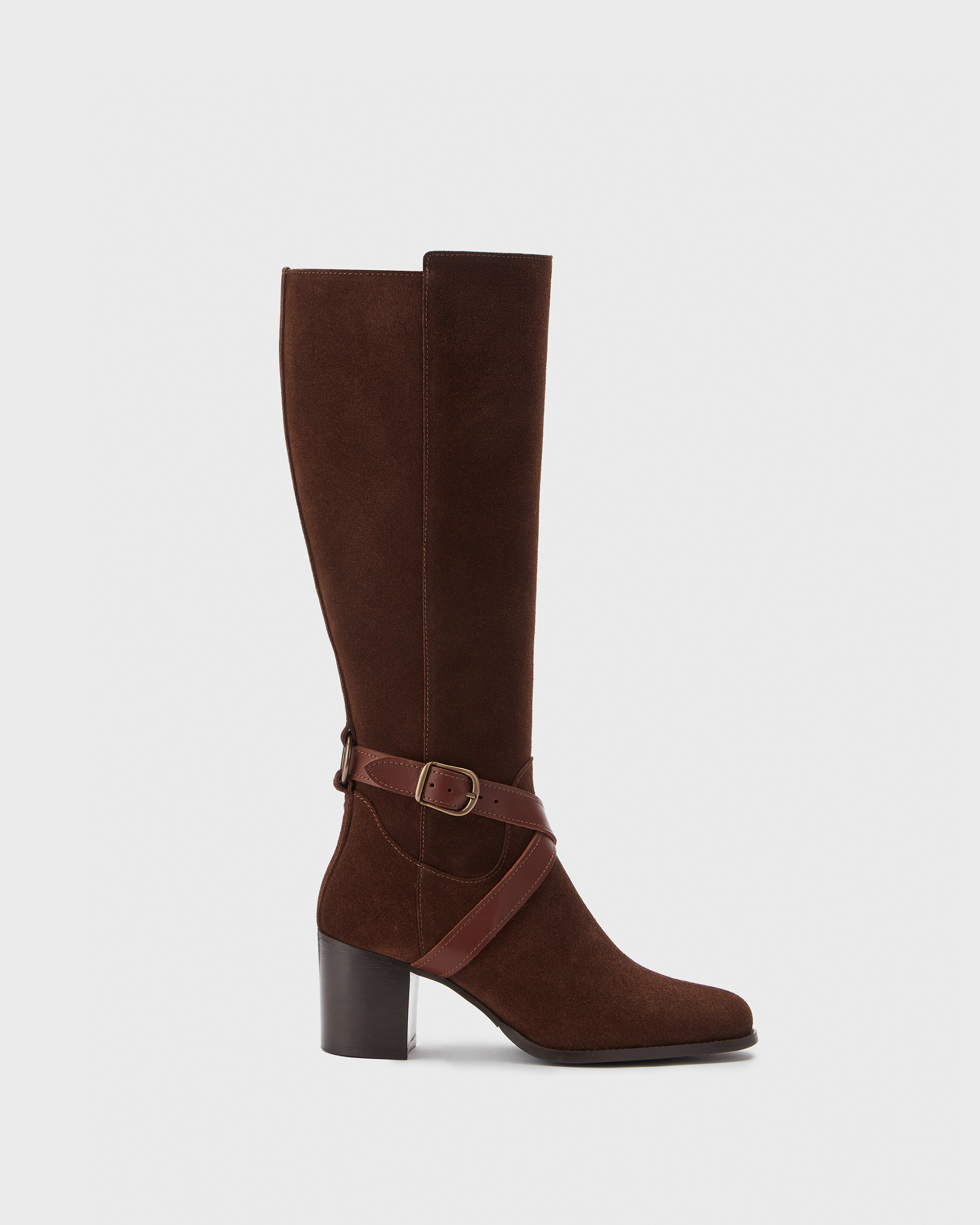 knee high brown suede heeled boots with buckle