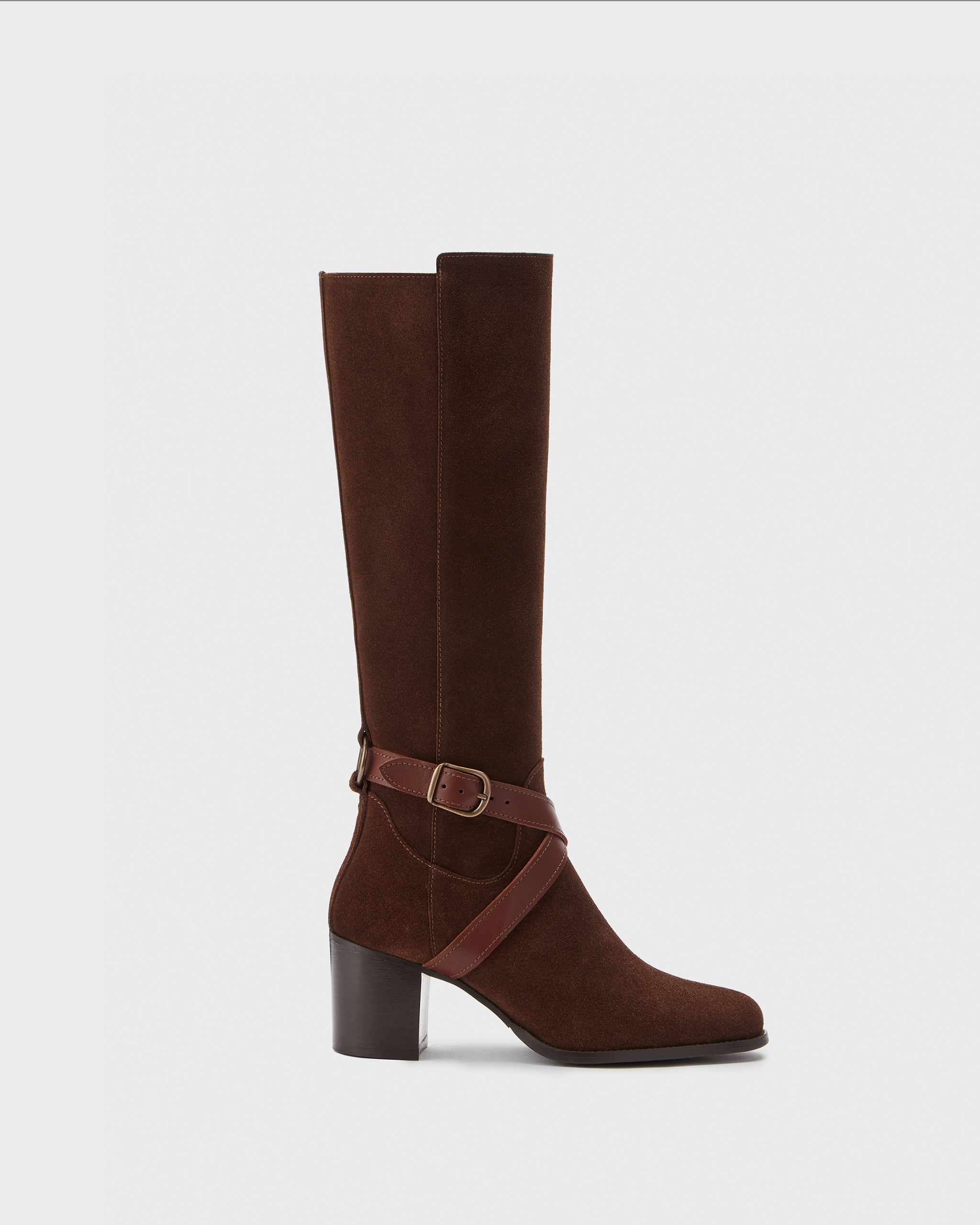 knee high brown suede heeled boots with buckle