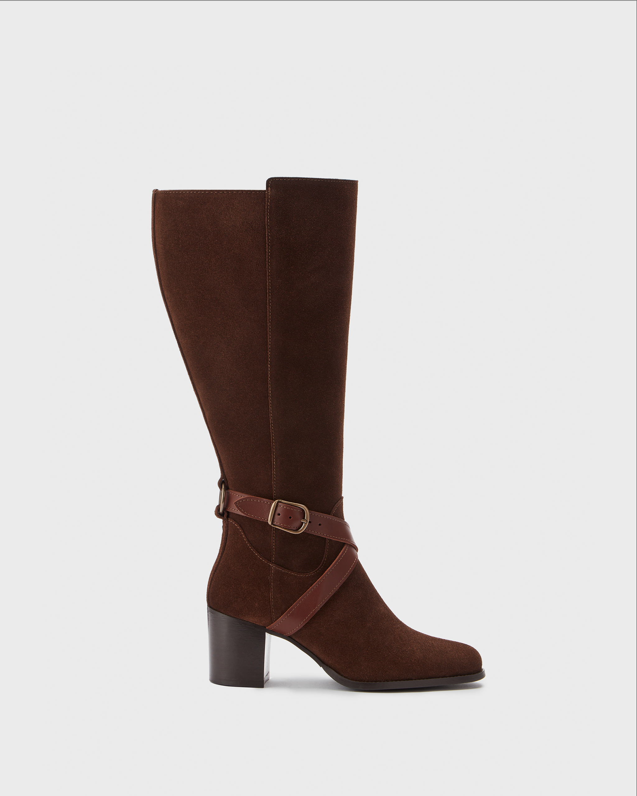 knee high brown suede heeled boots with buckle