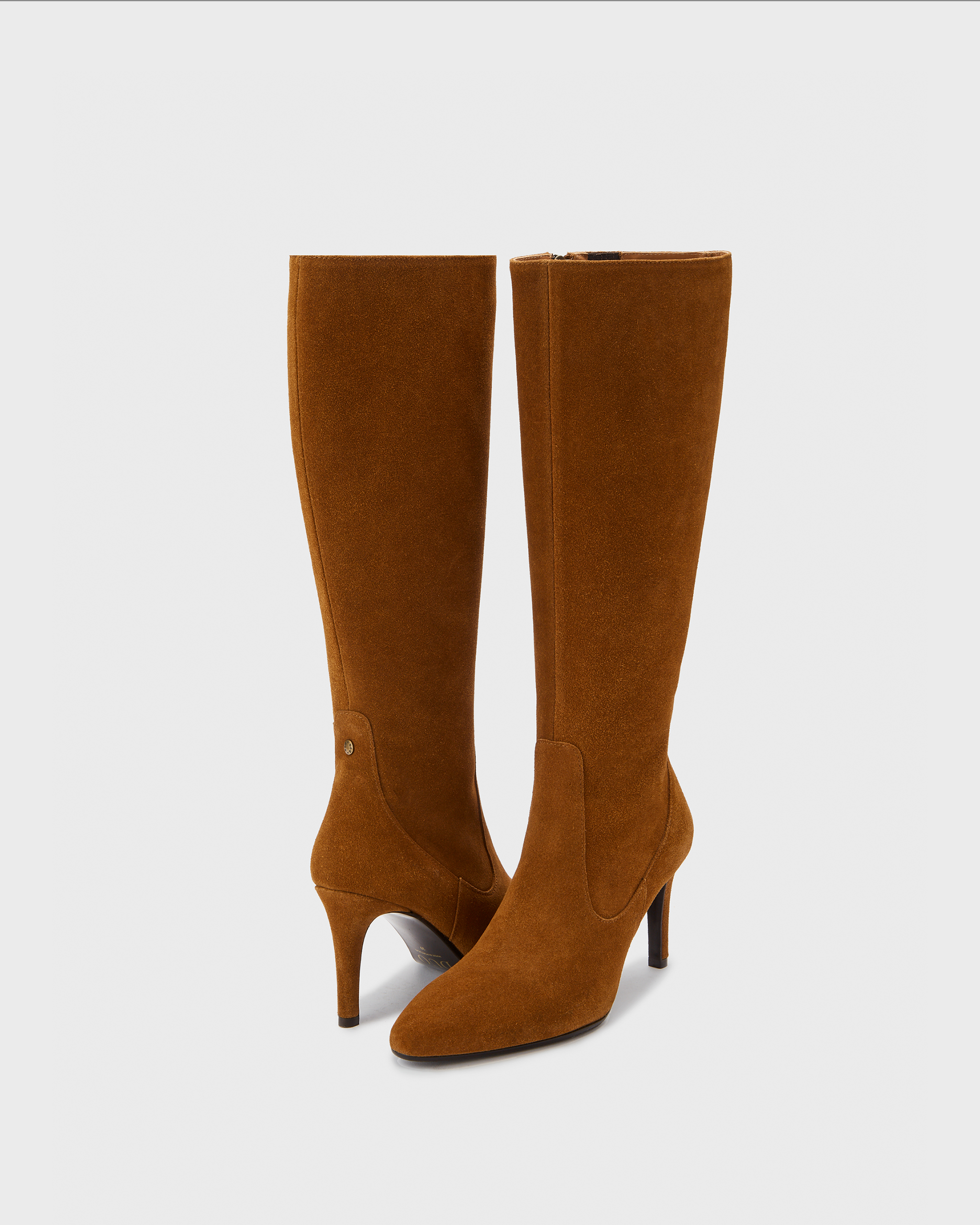 knee high tan suede stiletto heeled boots