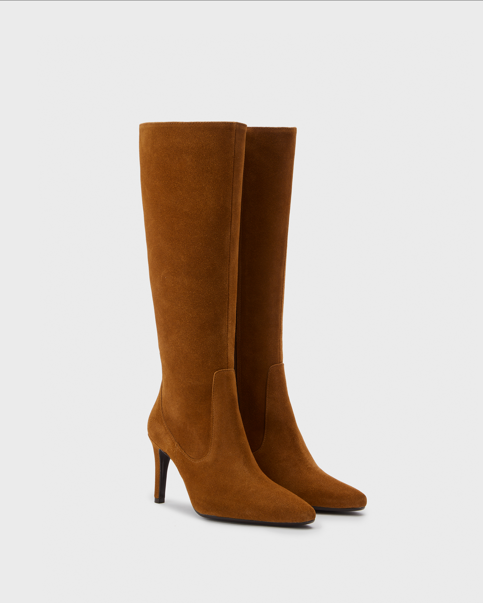 knee high tan suede stiletto heeled boots