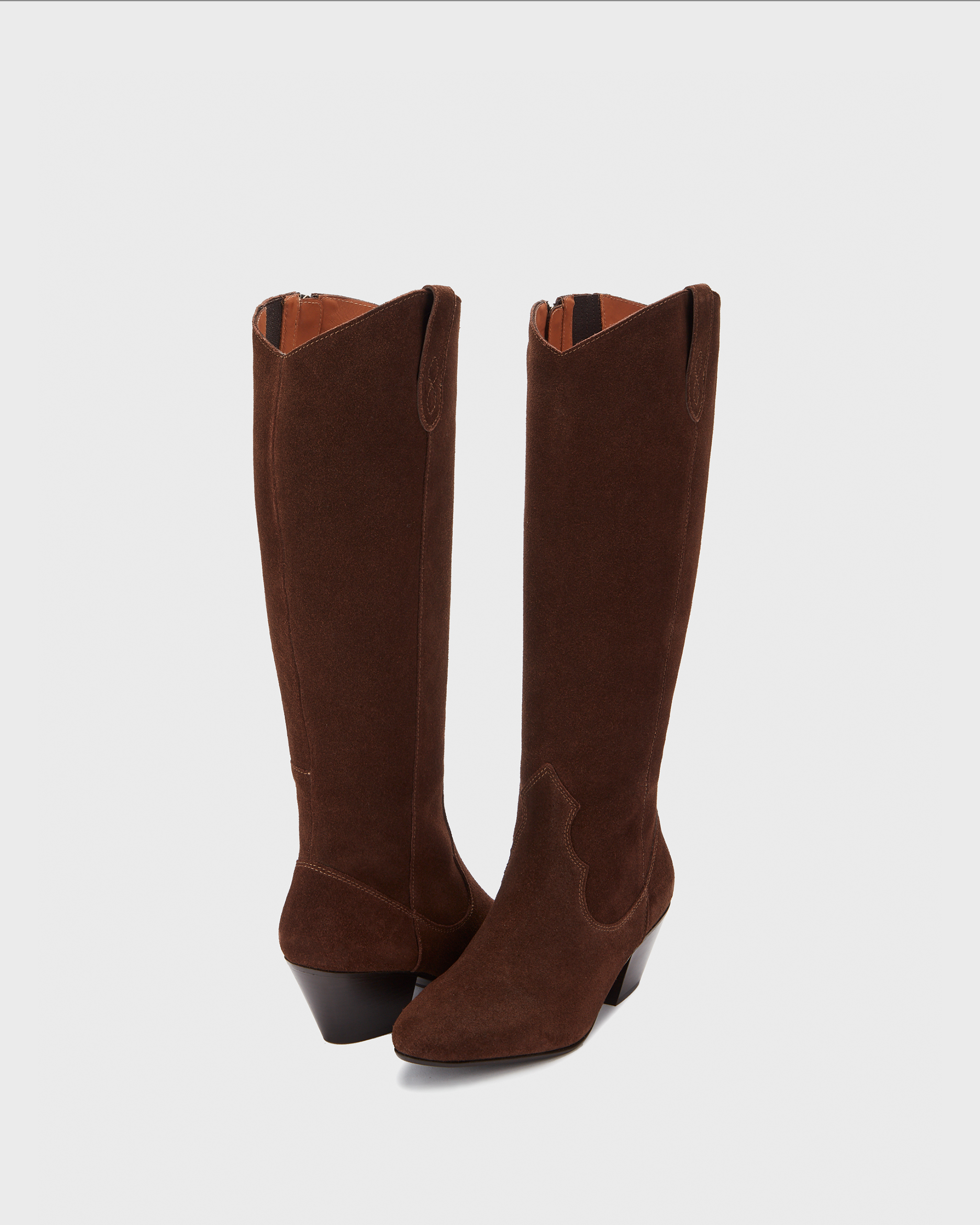 Knee high western style cowboy brown suede heeled boot