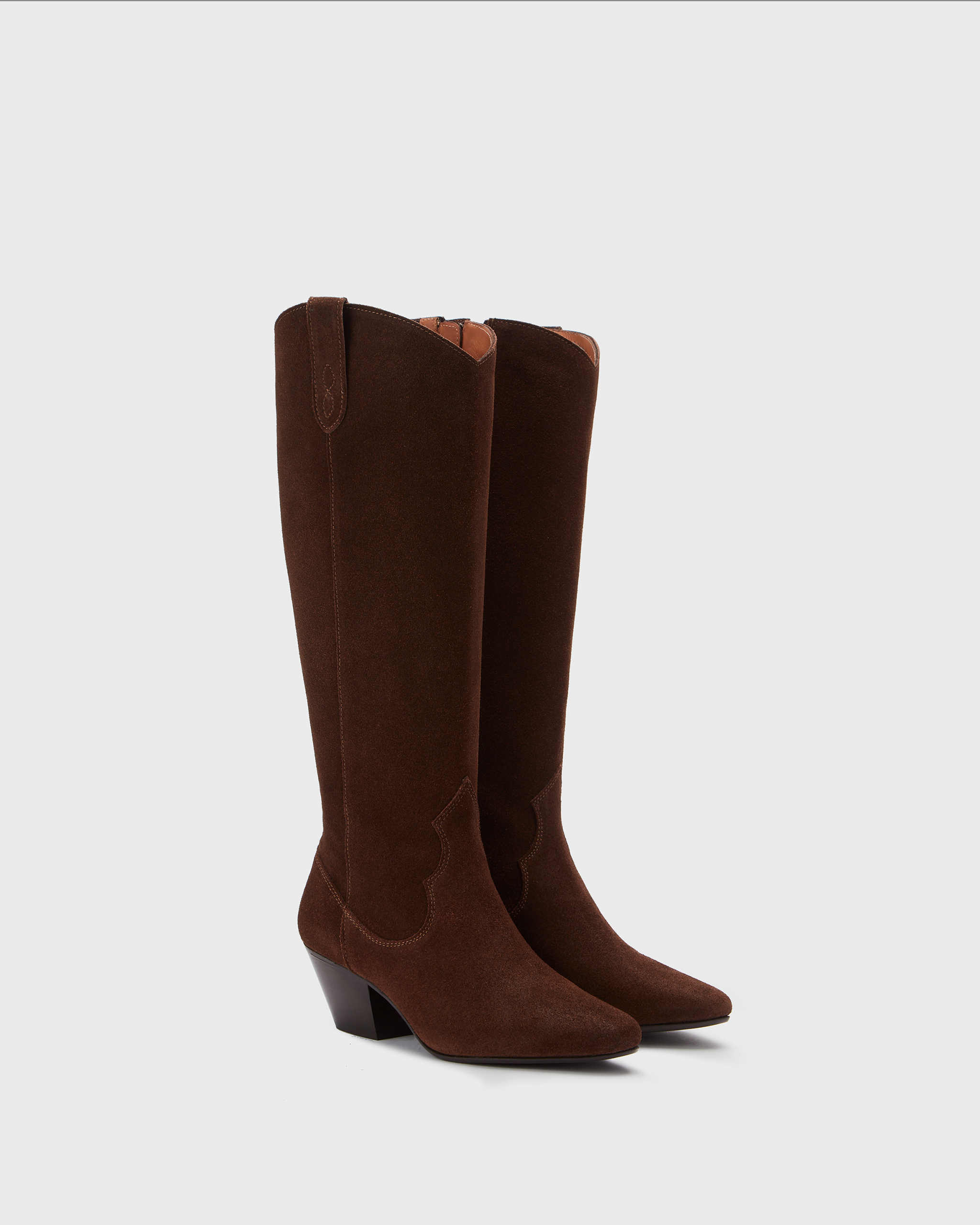 Knee high western style cowboy brown suede heeled boot