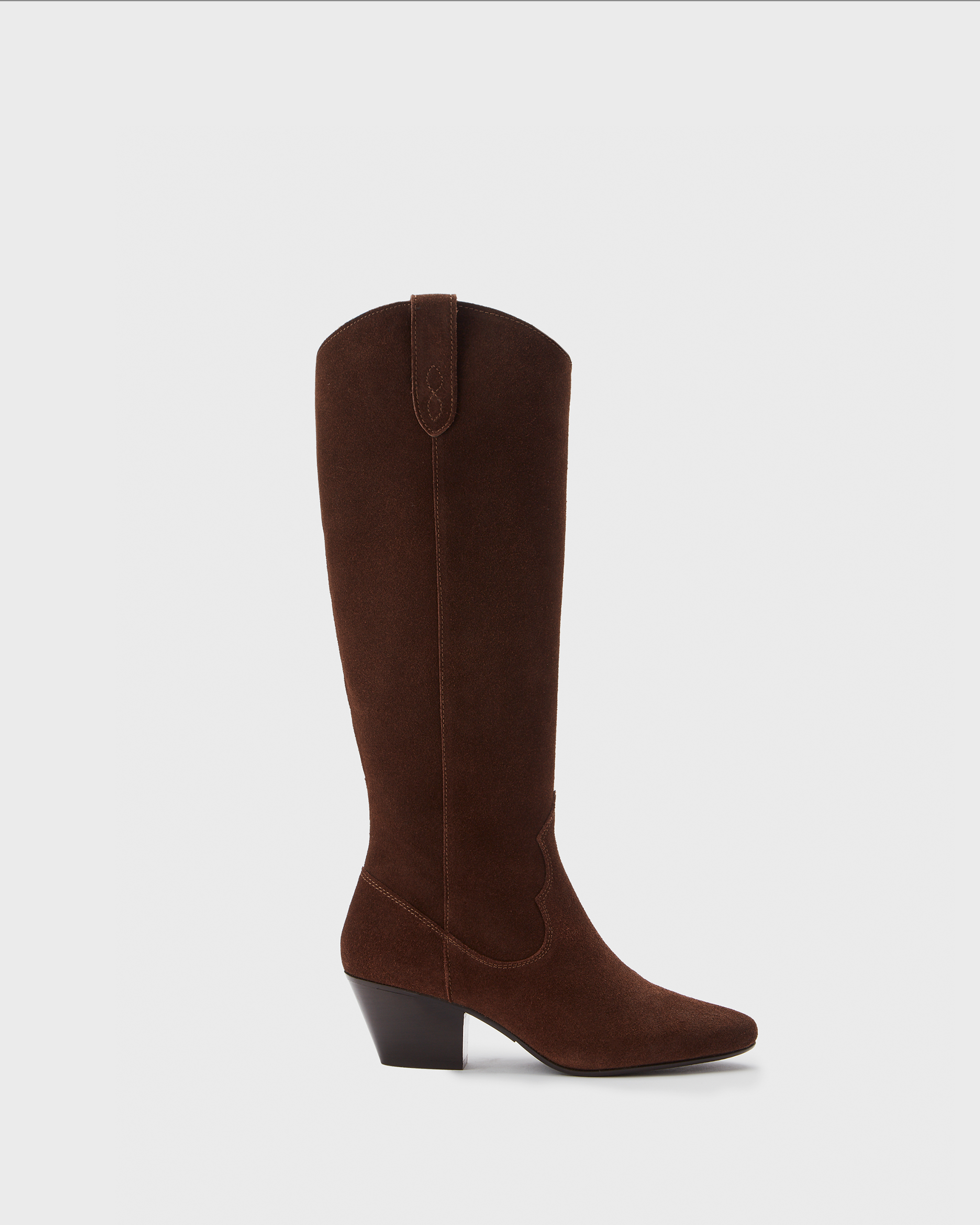 Knee high western style cowboy brown suede heeled boot