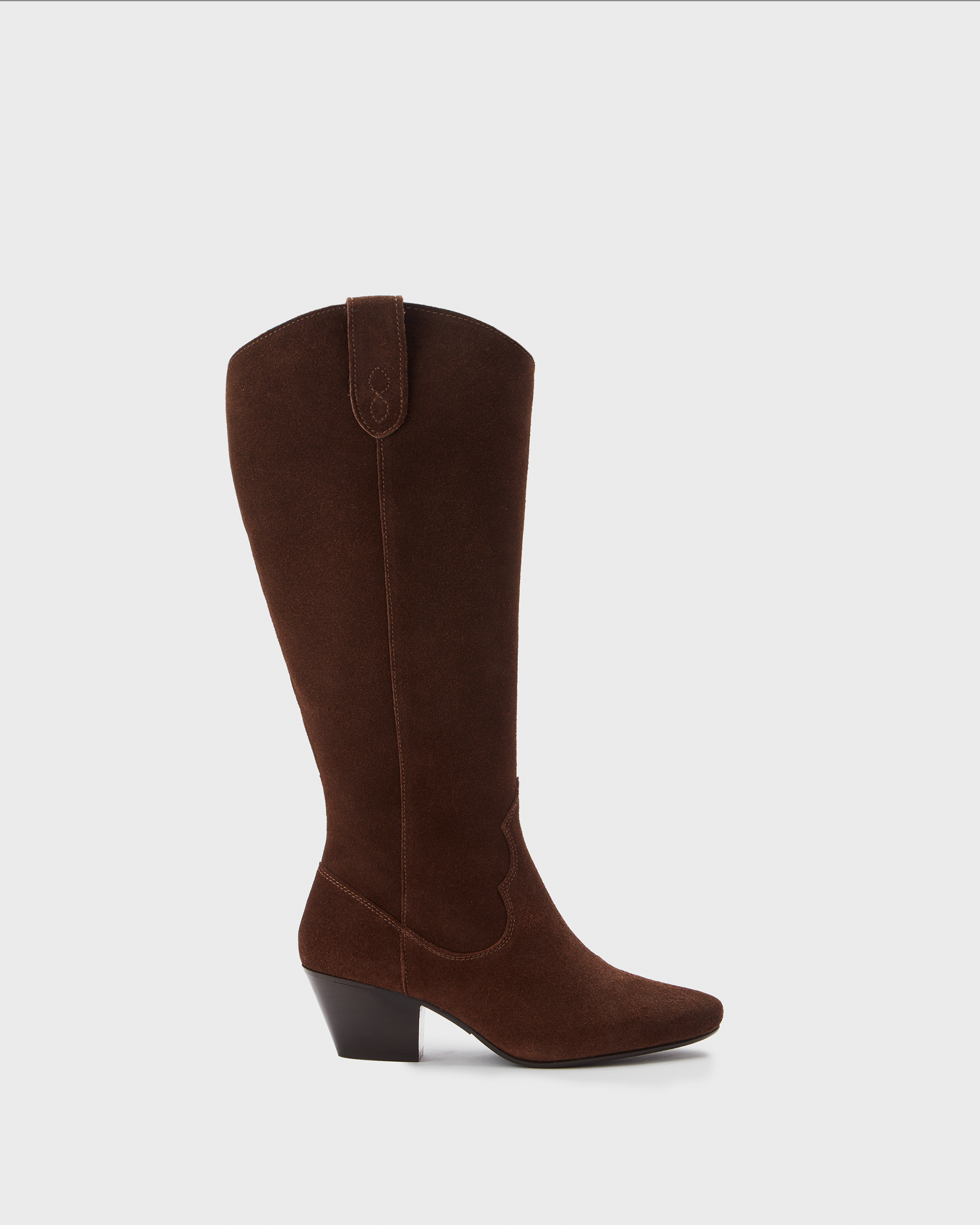 Knee high western style cowboy brown suede heeled boot