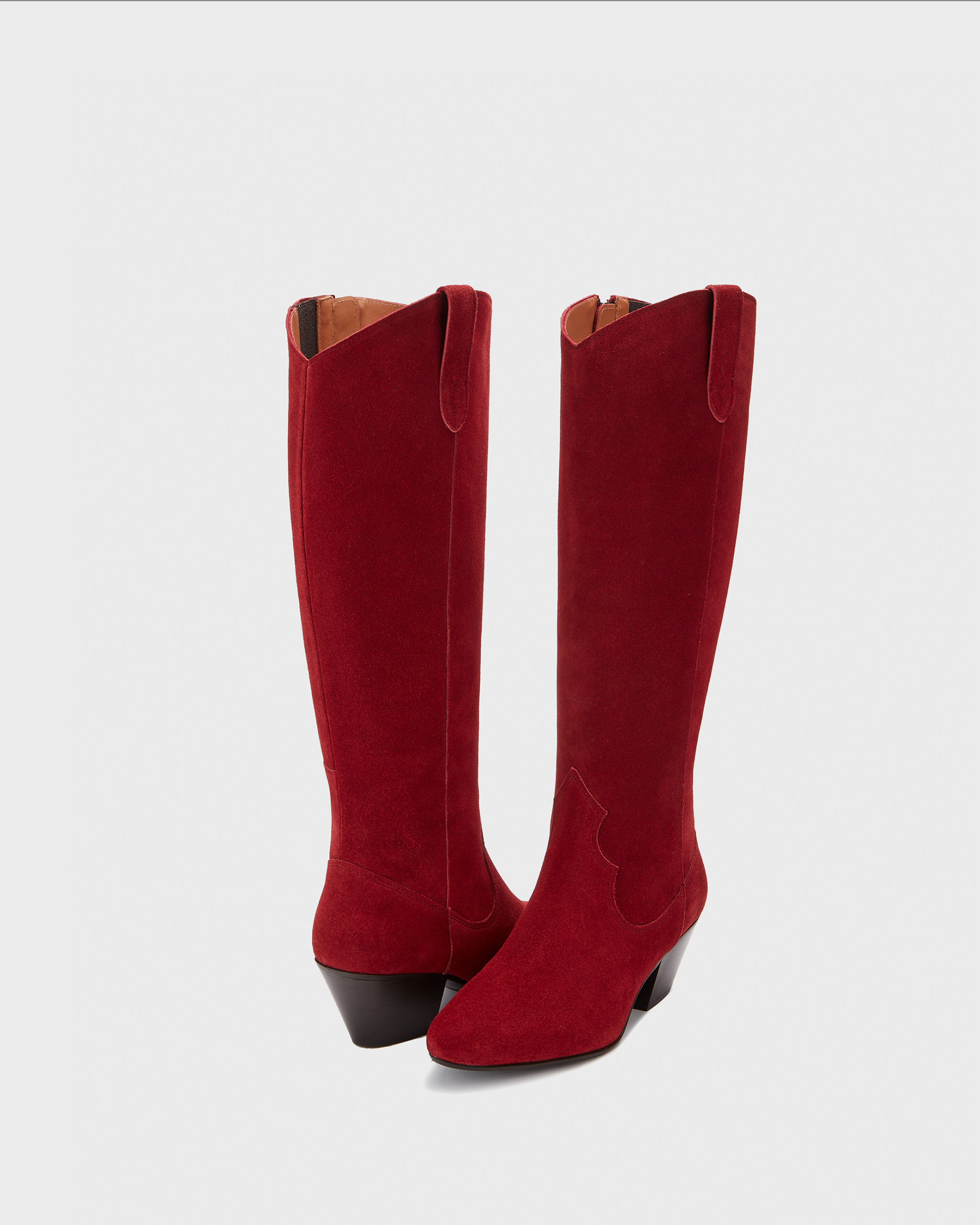 Knee high western style cowboy red suede heeled boot