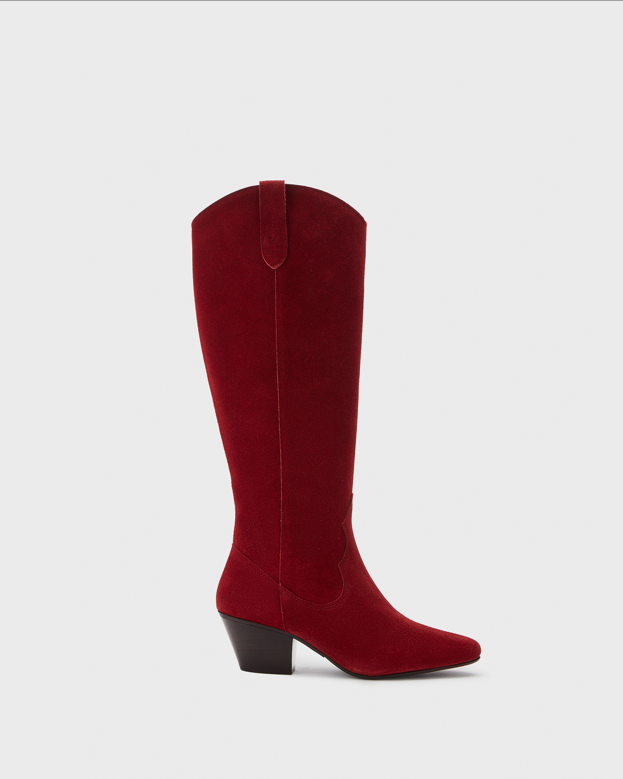 Knee high western style cowboy red suede heeled boot