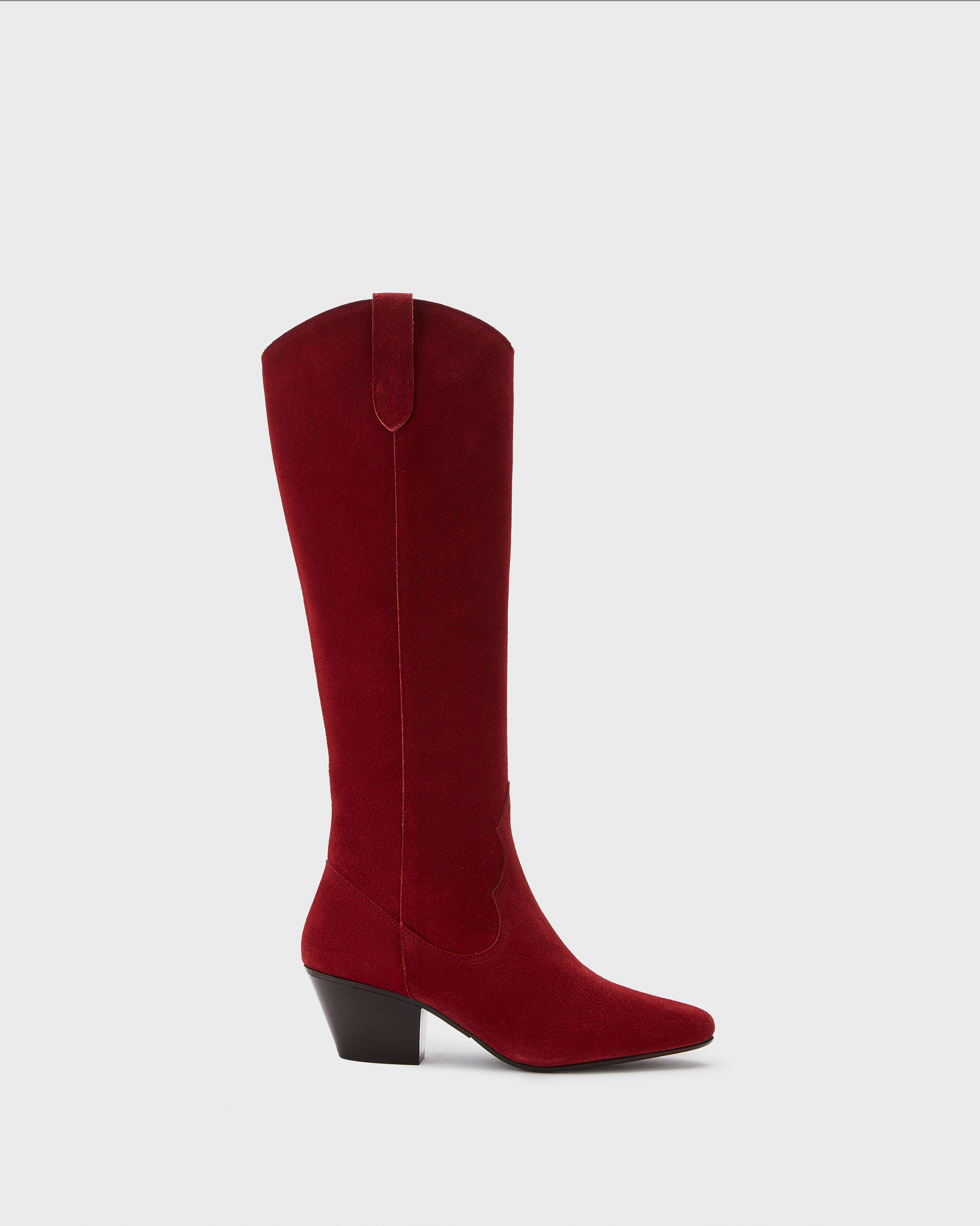 Knee high western style cowboy red suede heeled boot