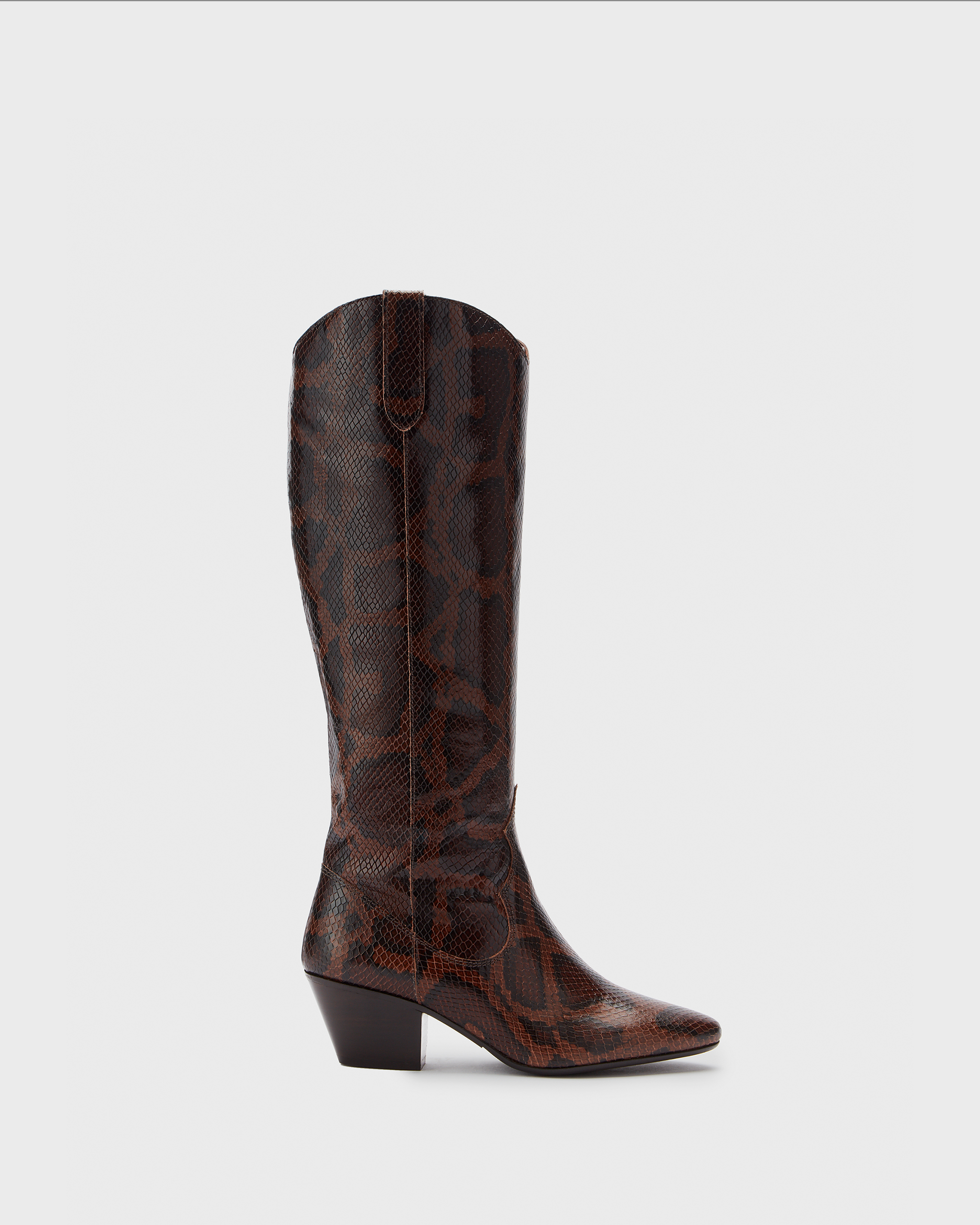 Knee high western style cowboy snake heeled boot