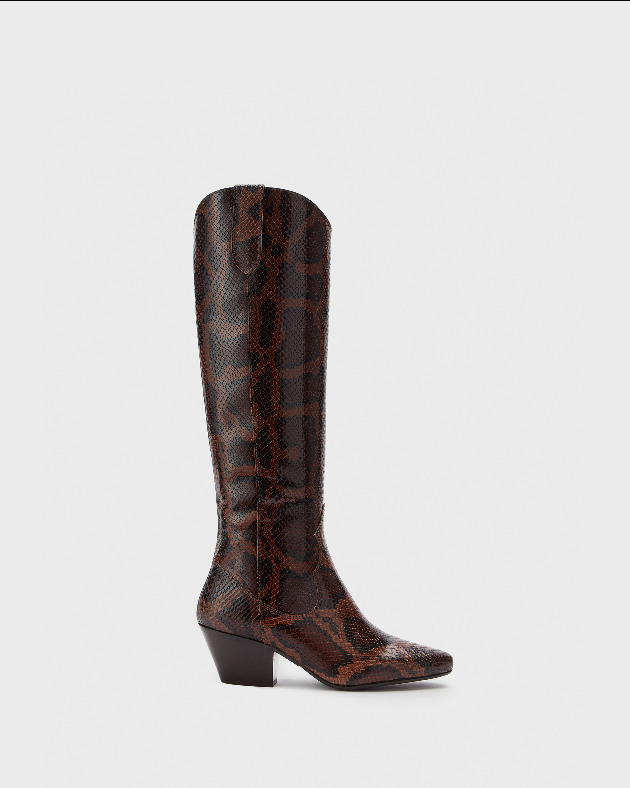 Knee high western style cowboy snake heeled boot