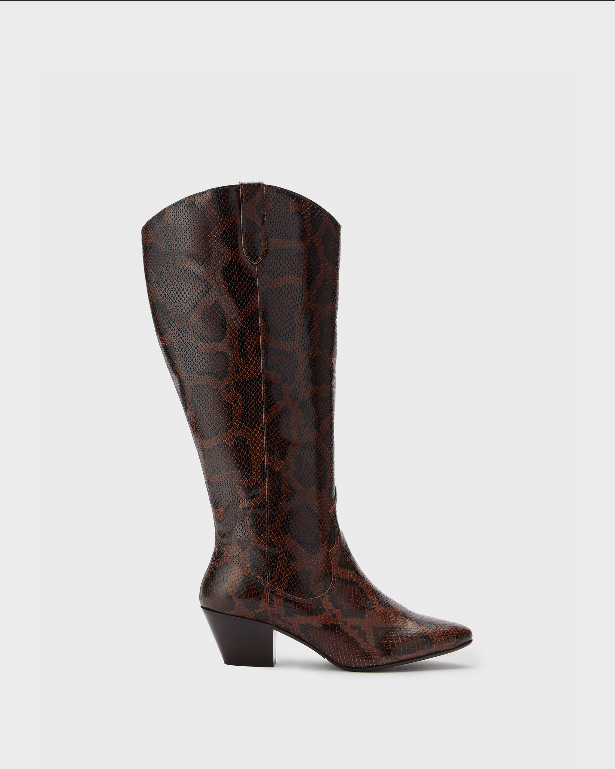 Knee high western style cowboy snake heeled boot