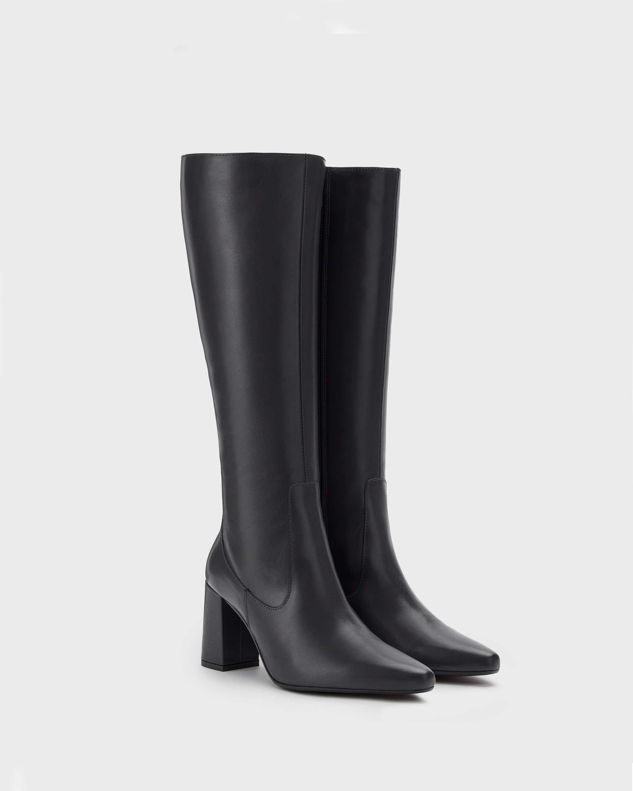 Knee high pointed black block heeled boot