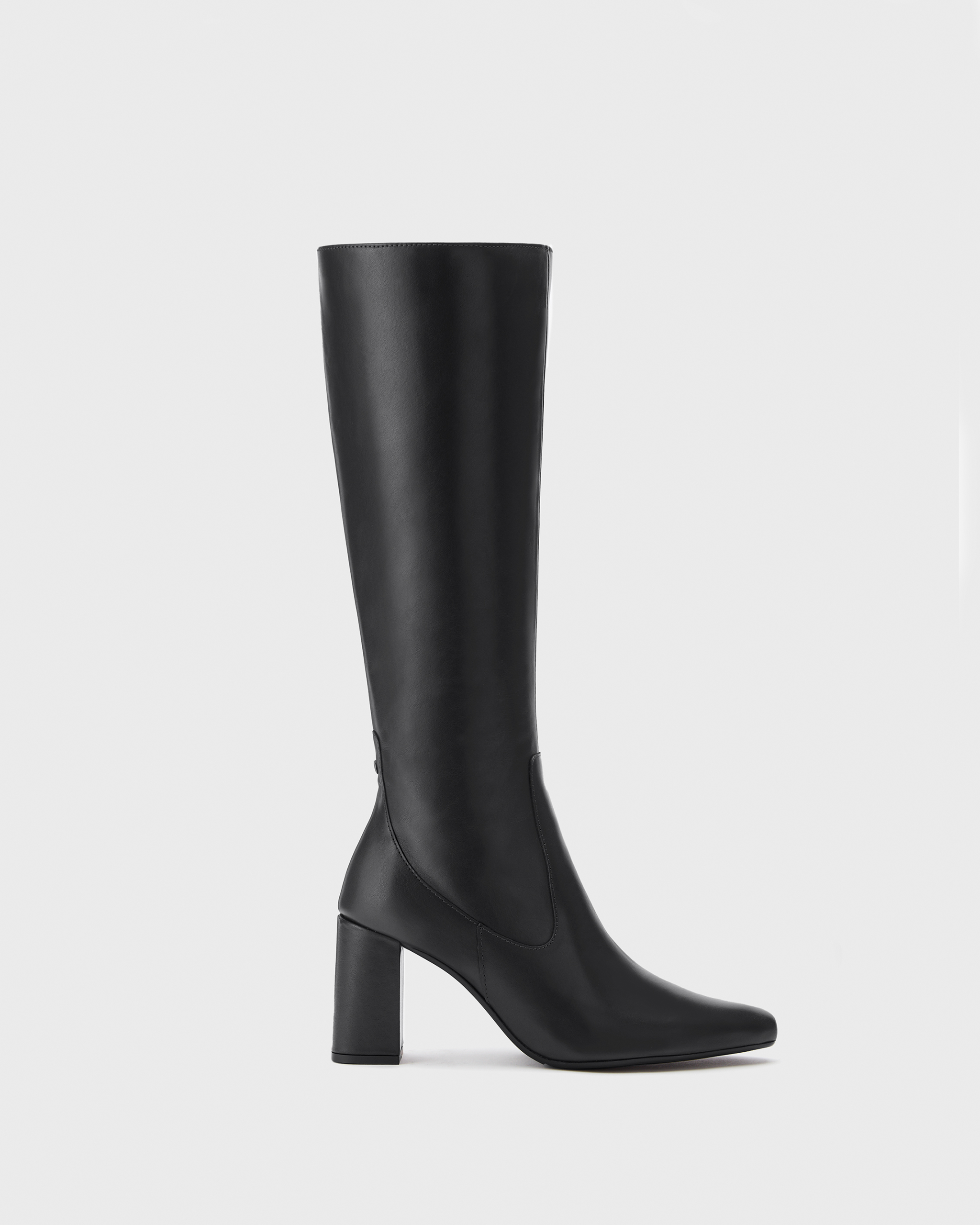 Knee high pointed black block heeled boot