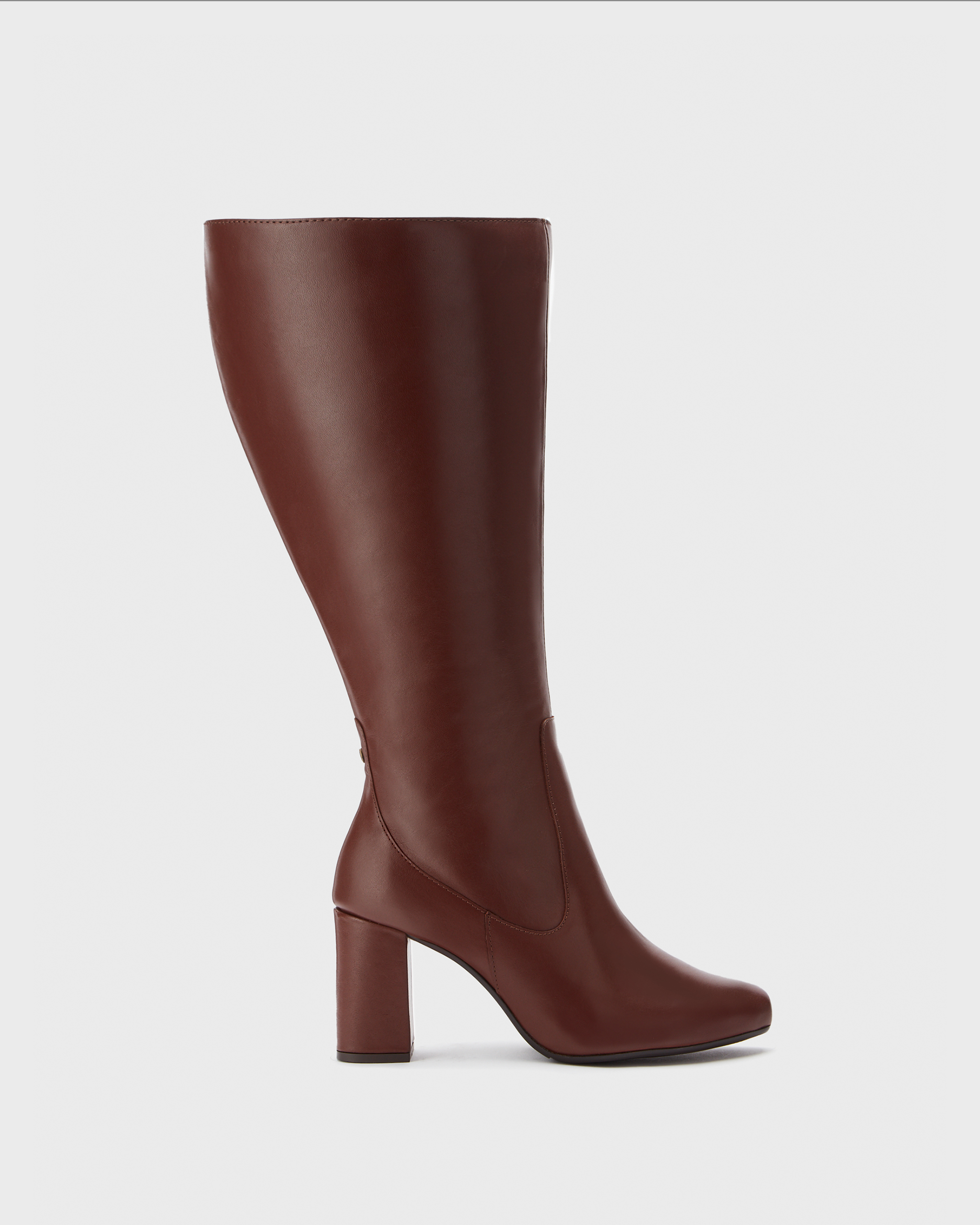 Knee high pointed brown block heeled boot