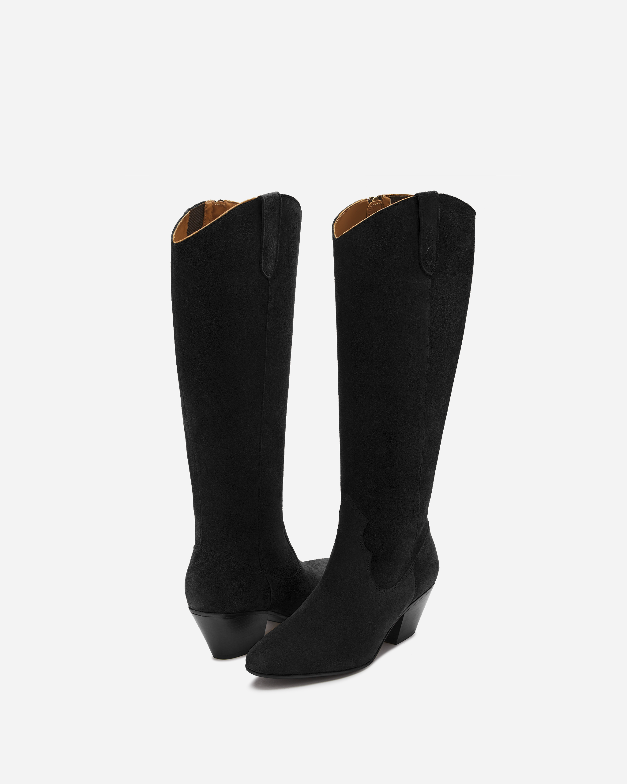 Knee high western style cowboy black suede heeled boot