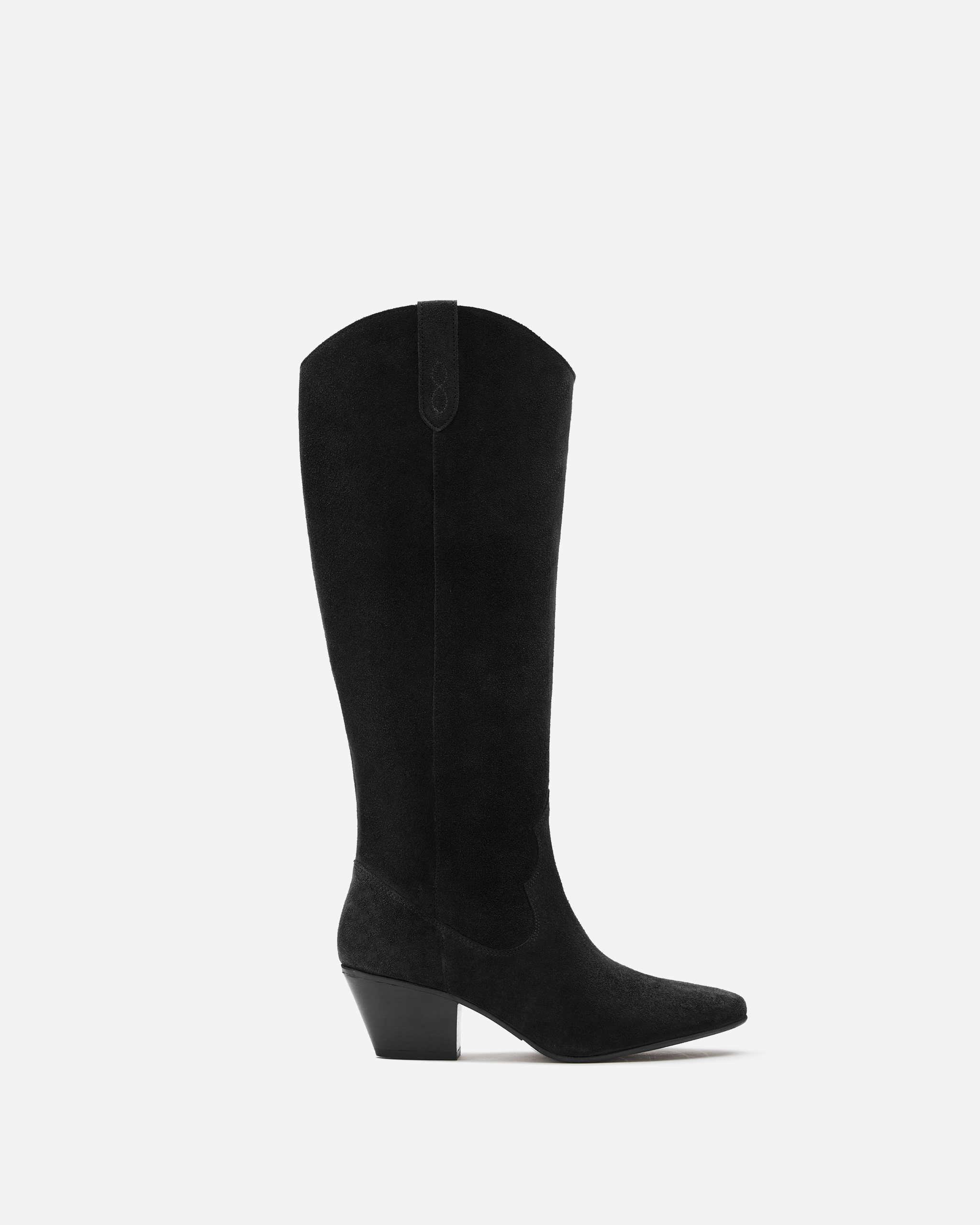 Knee high western style cowboy black suede heeled boot